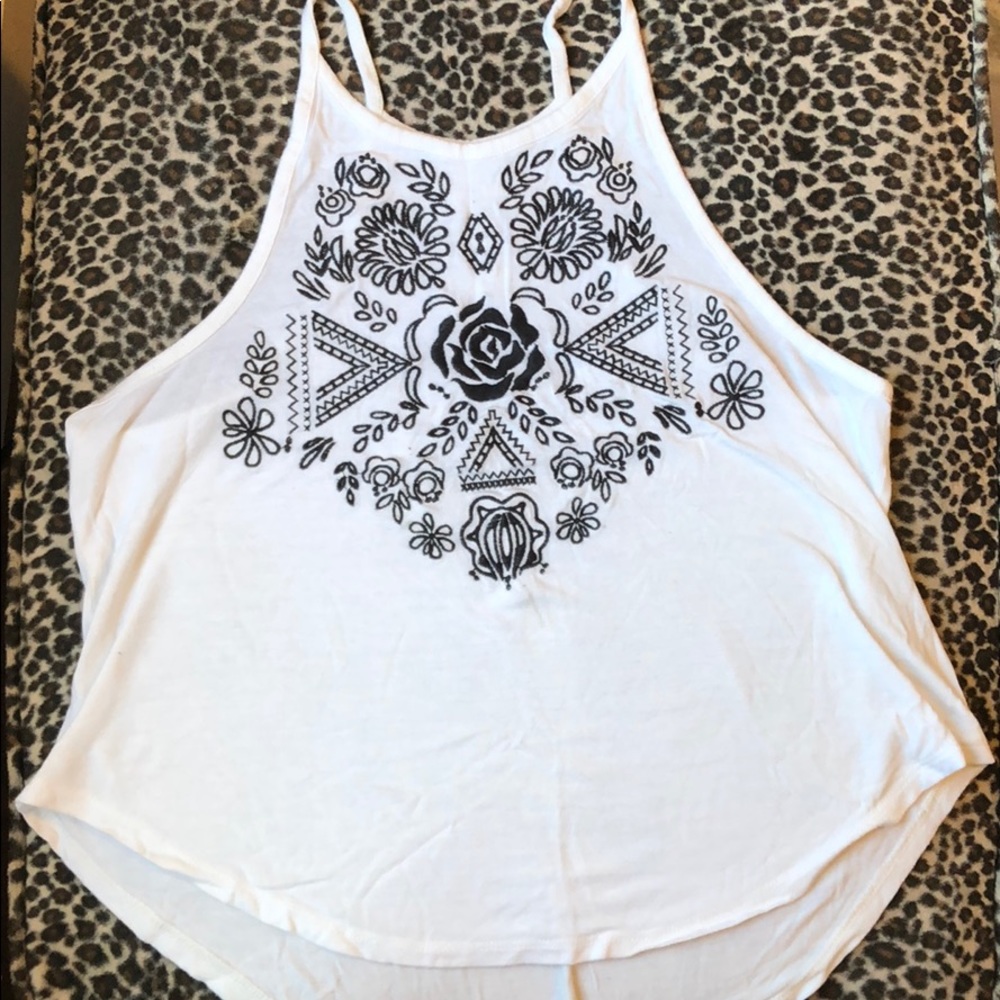 KENDALL AND KYLIE WHITE EMBROIDERED HIGH NECK TOP